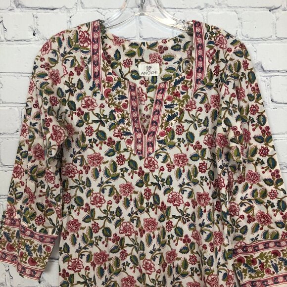 Anokhi Ivory Floral Block Print Kaftan Tunic Dress Size S Cotton - Picture 2 of 7
